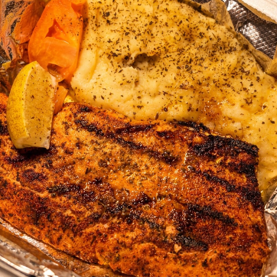 Grilled salmon with a lemon wedge, mashed potatoes, and sliced carrots in a takeout container.