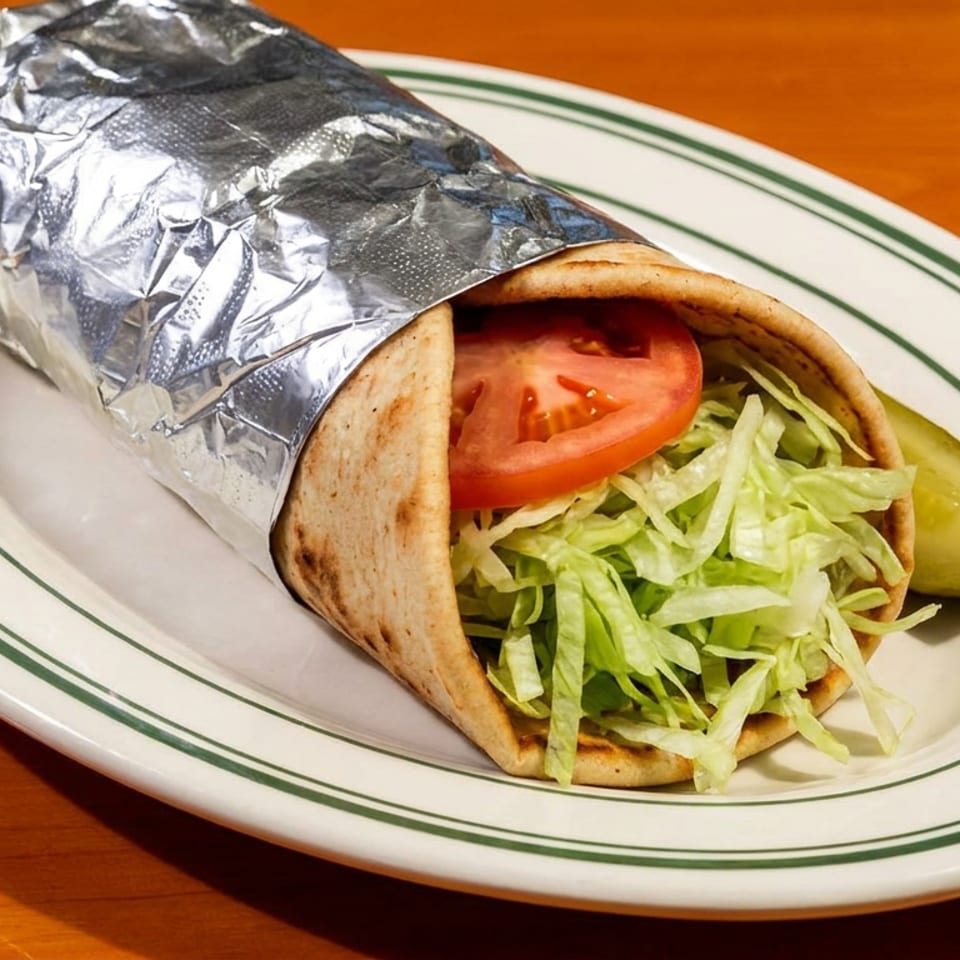 A foil-wrapped gyro with lettuce and tomato, served with a pickle spear on a white plate.