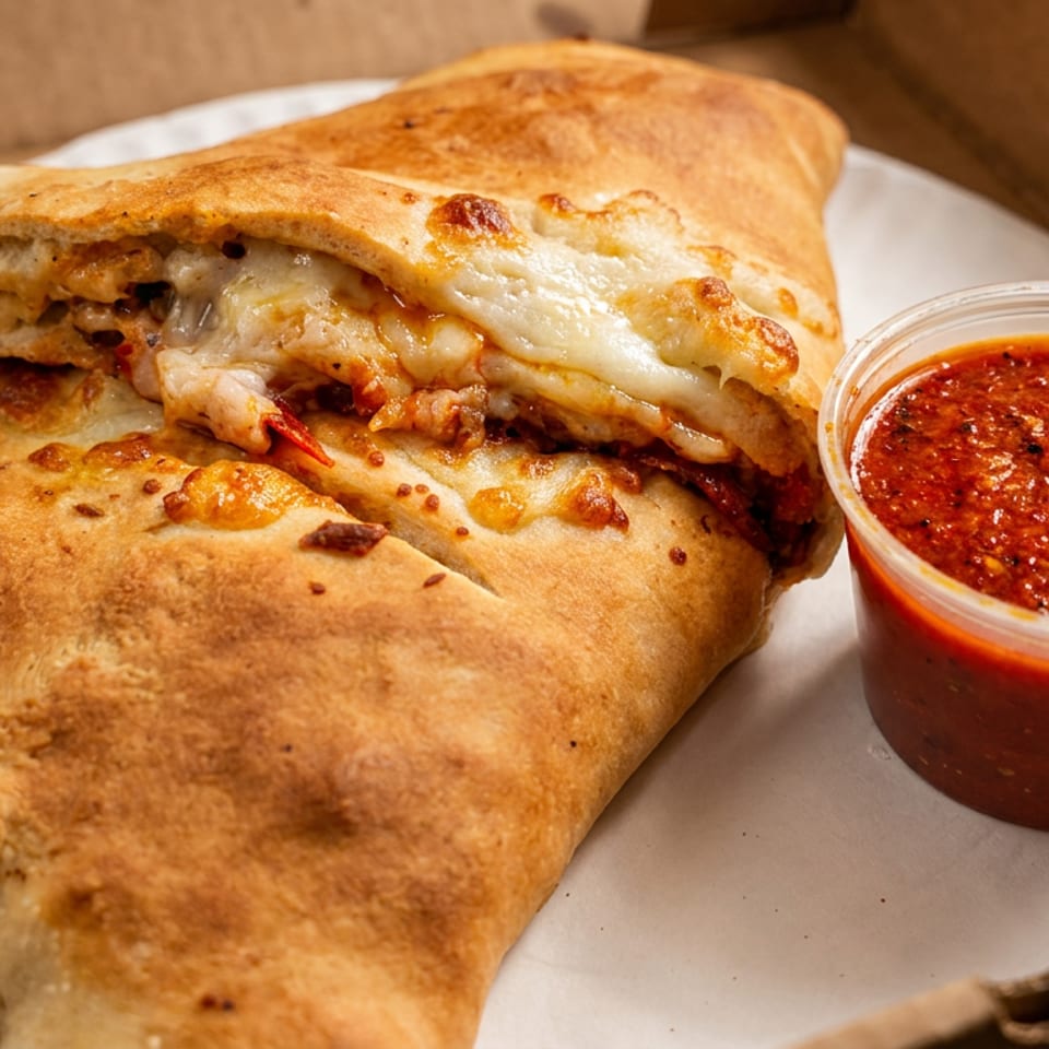 A golden-brown calzone, sliced open to reveal melted cheese and fillings, next to a cup of marinara sauce.