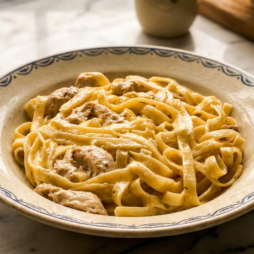 Creamy fettuccine pasta with chicken pieces in a decorative bowl on a marble surface.
