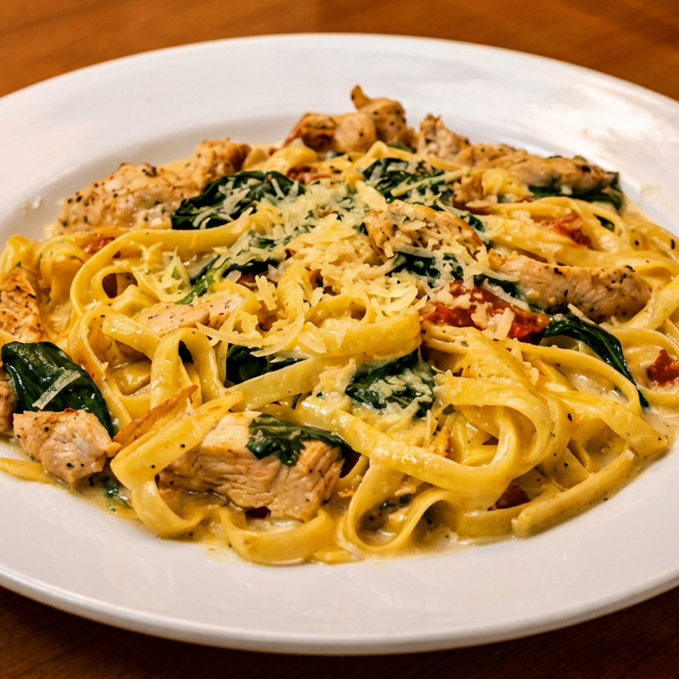 Creamy fettuccine pasta with chicken, spinach, sun-dried tomatoes, and grated Parmesan cheese.