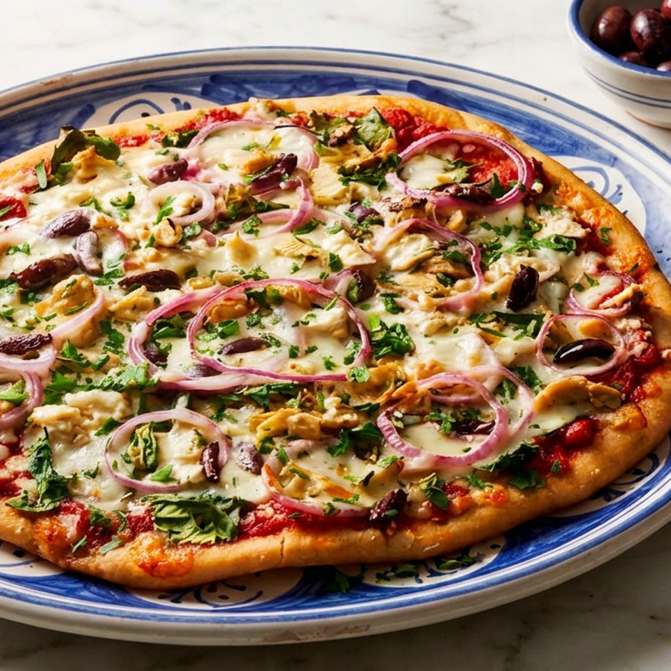 A round pizza with red sauce, cheese, red onions, olives, and parsley on a blue and white plate.