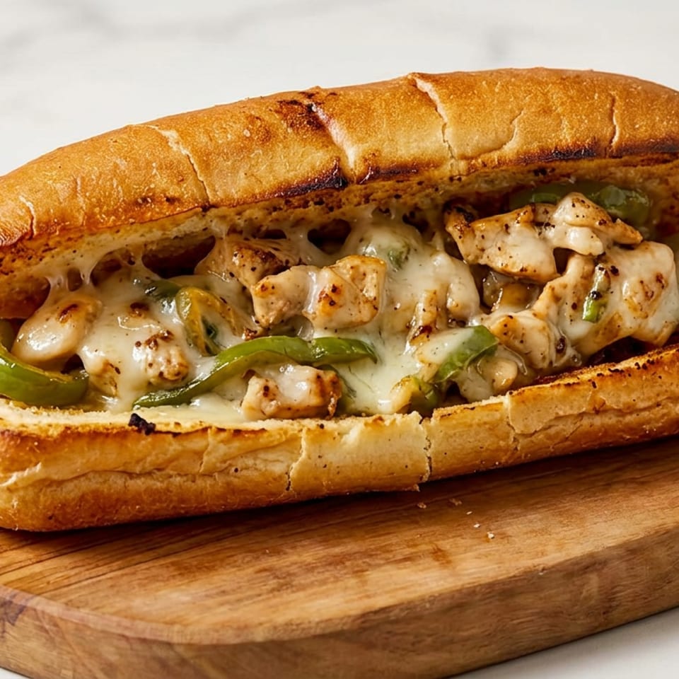 A chicken cheesesteak sandwich with melted cheese and green peppers on a wooden board.