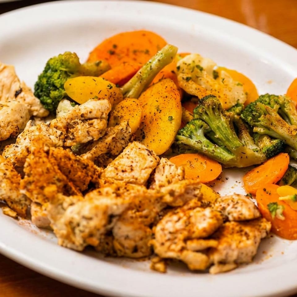 Seasoned chicken pieces and steamed vegetables, including broccoli, carrots, and potatoes, on a white plate.