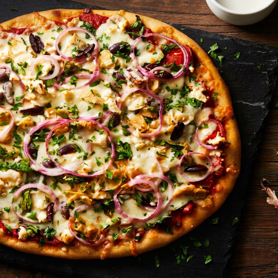 A whole pizza with red onions, olives, cheese, and herbs on a dark serving board.